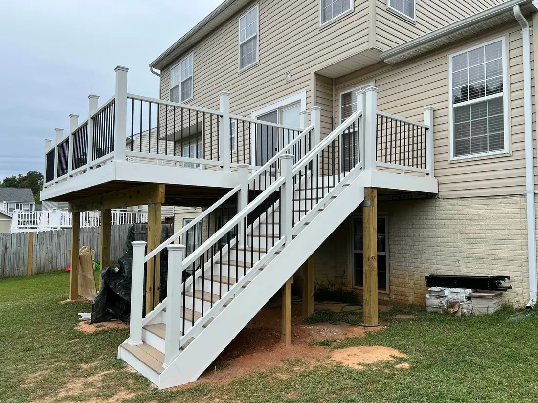 Two-story elevated deck with iron balusters